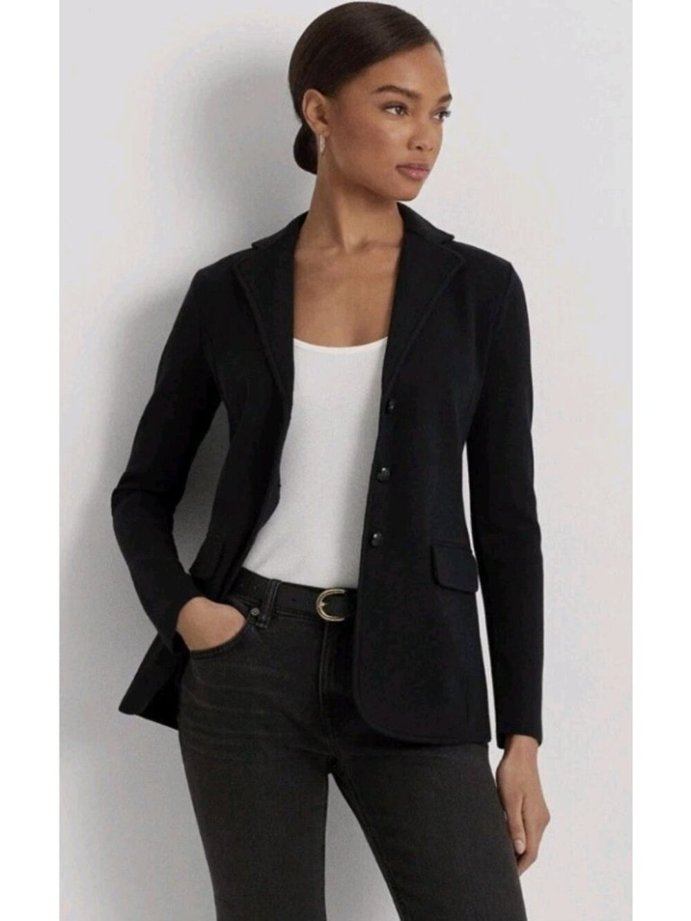 Lauren Ralph Lauren Sweater-Knit Blazer 3 Button Flap Pockets Black XS